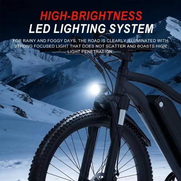 Electric Bicycle with high-brightness LED lighting system in a snowy mountain setting