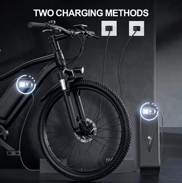 Electric bike with two charging methods indicated on a dark background