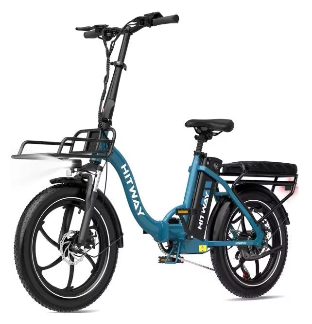 Blue electric bike with 'Hitway' branding on a white background