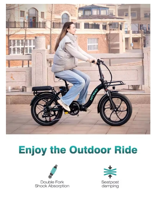 Woman riding a black electric bike with text 'Enjoy the Outdoor Ride' and bike features on a white background.
