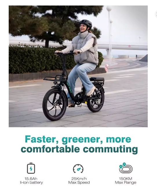 Person riding an electric bike with promotional text about battery capacity, speed, and range.