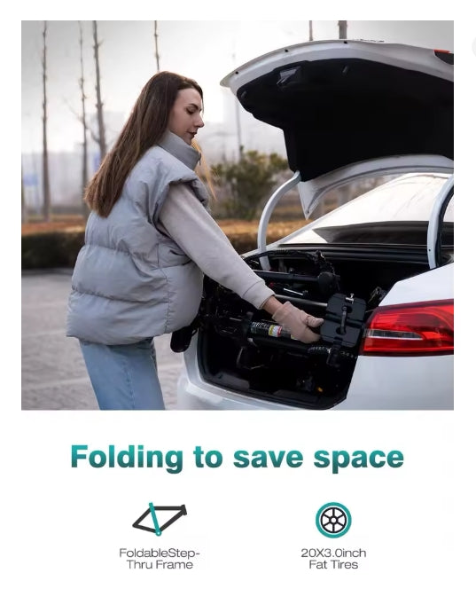 Woman using a folding step-thru frame to access the trunk of a car with text 'Folding to save space'.