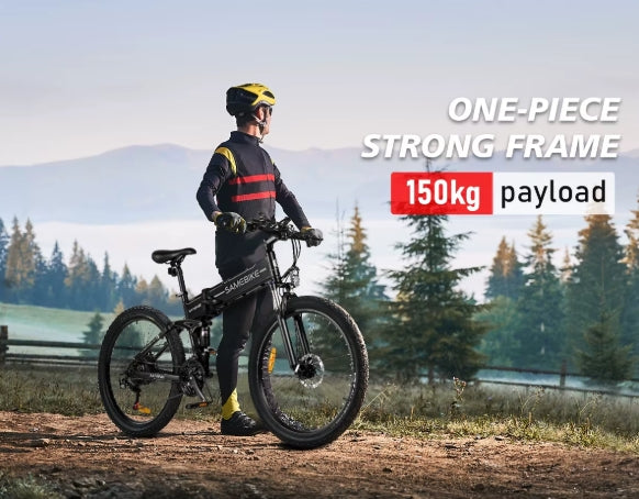 A person with a Black electric e-bike in a countryside setting
