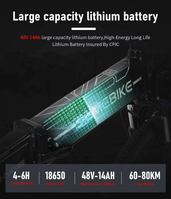 Bicycle battery pack with specifications on a dark background