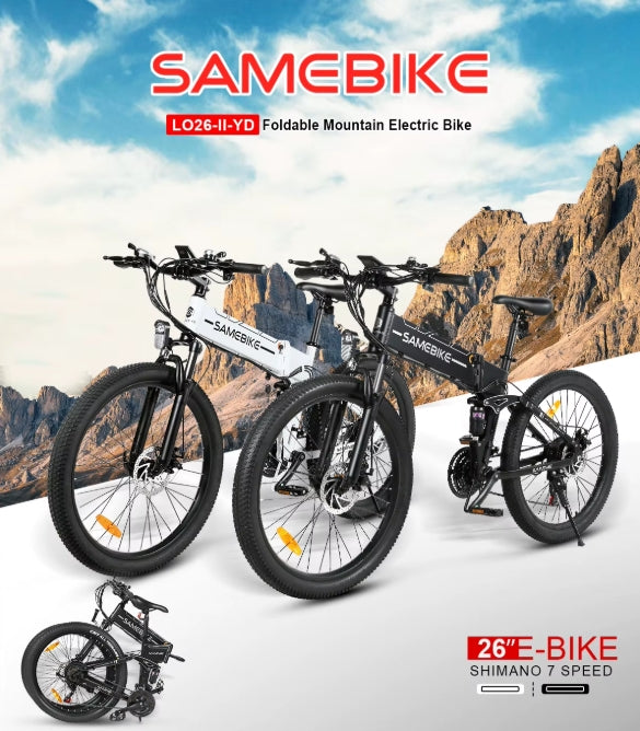 Two e-bikes of different colours sitting side by side and an inner image showing the electric bicycle folded