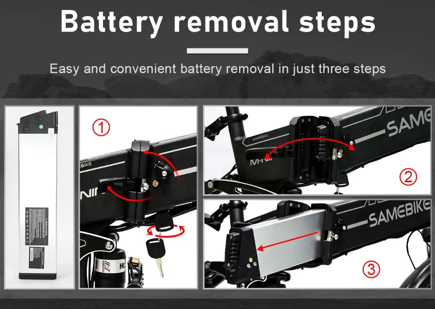 an image on a grey mountainous background showing the battery removal steps for an e-bike