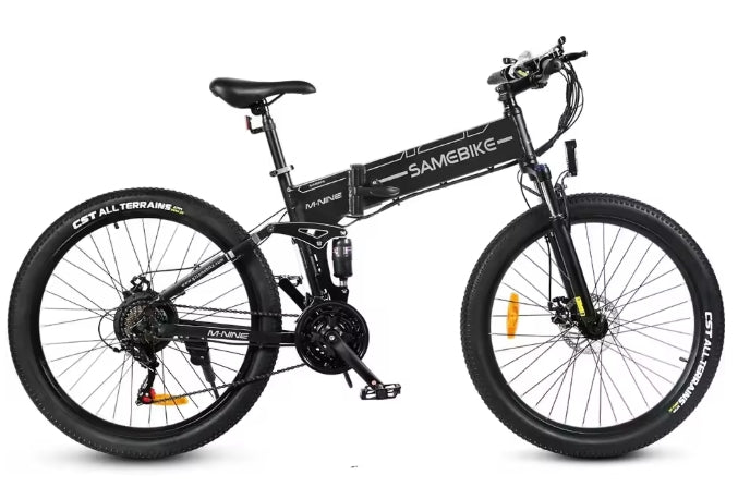 Wide angle side shot of a black electric bike on a white background