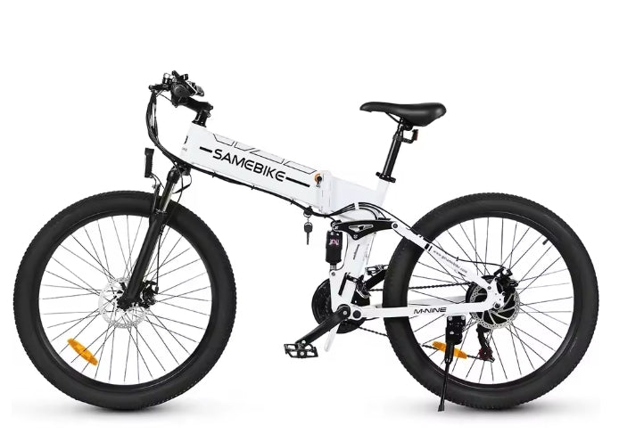 Wide angle side shot of a white electric bike on a white background