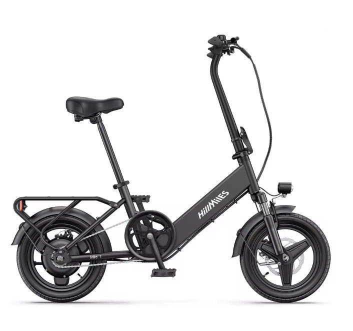 Black electric bike with 'HillMiles' branding on a white background