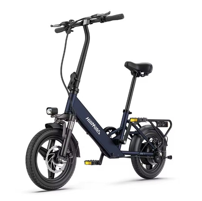 Blue electric bike with 'HillMiles' branding on a white background
