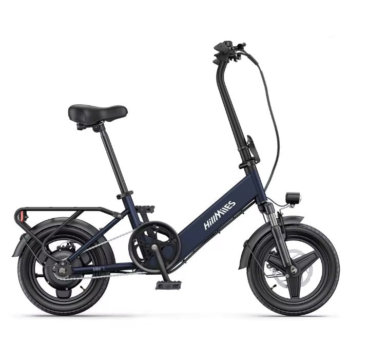 Blue electric bike with 'HillMiles' branding on a white background