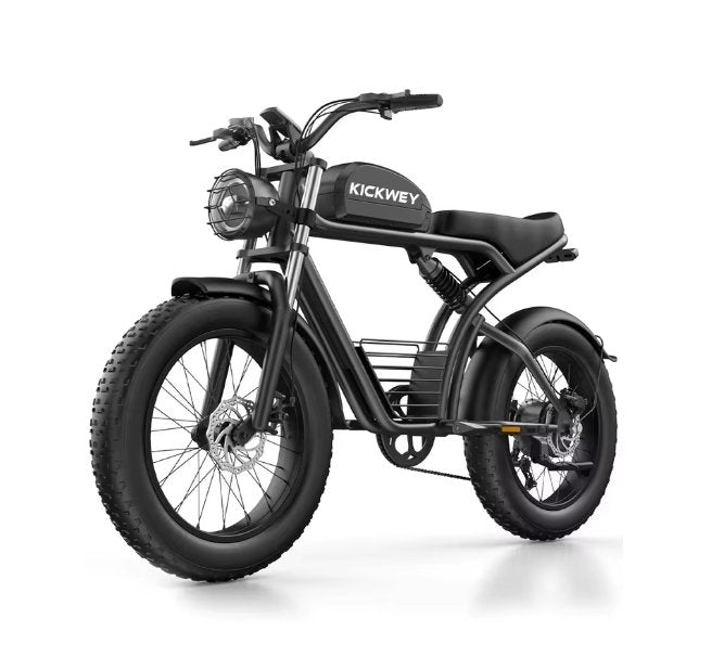 Black electric bike with 'KICKWEY' branding on a white background