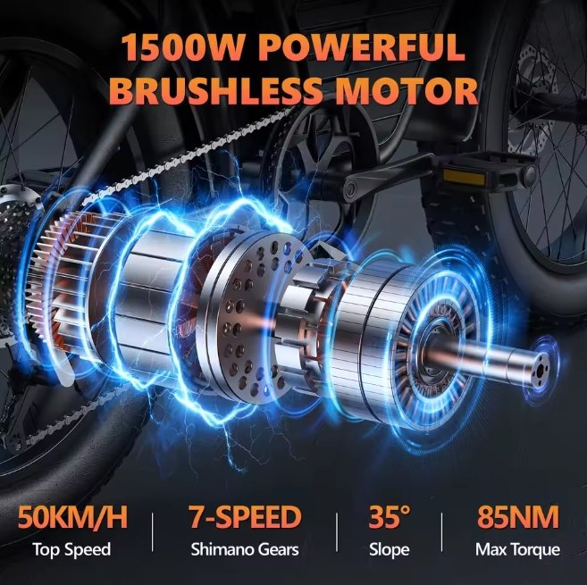 Electric bicycle with a highlighted brushless motor, showcasing technical specifications.