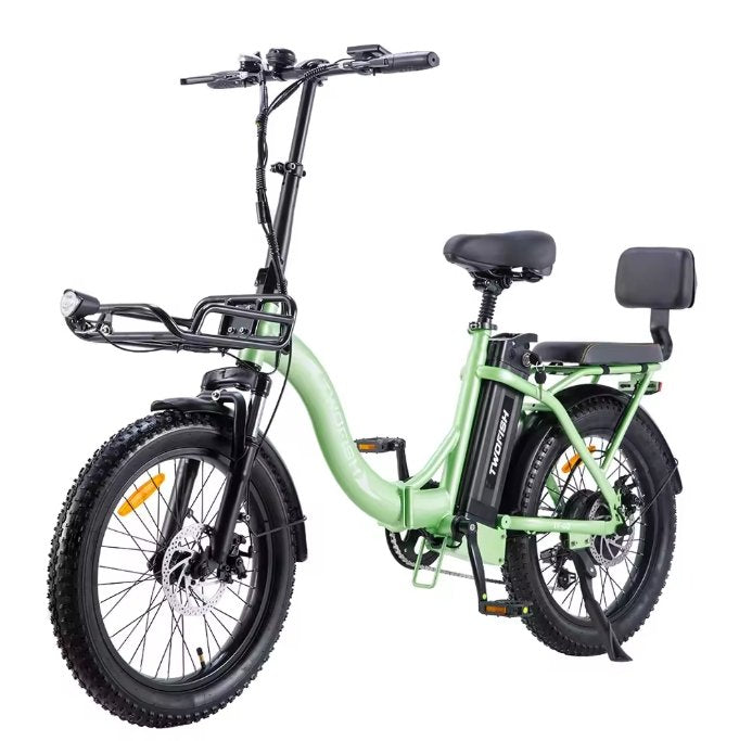 Green electric bike with black frame and accessories on a white background