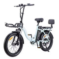 Light blue electric bike with black frame and tires on a white background
