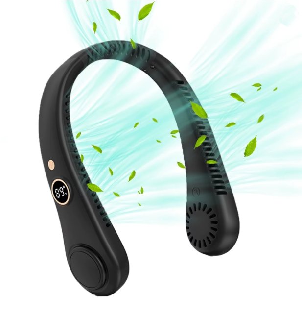 A black neck fan cooling strip shown on a white background with stylized light blue airflow lines and green leaves floating around it. The device has a circular control button and a small indicator light on one side.
