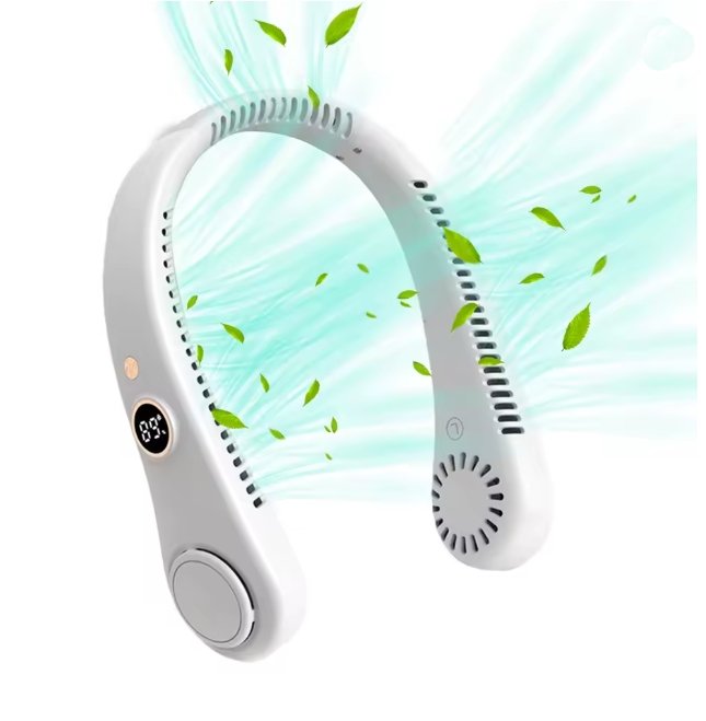 A white neck fan with a circular display showing '25°C' and a green button, depicted with light blue airflow and green leaf graphics on a white background.