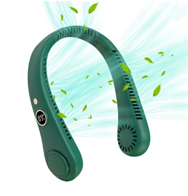 A green neck fan cooling device shown on a white background with light blue airflow lines and green leaf graphics.
