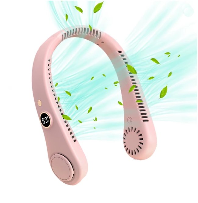 A pink neck fan cooling device shown on a white background with stylized light blue airflow lines and green leaves floating around it. The neck fan has a circular display showing '89'.