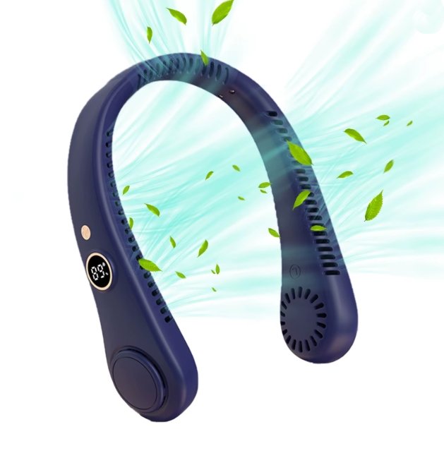 A navy blue neck fan cooling device with a digital temperature display, shown with light blue wind effects and green leaves on a white background.