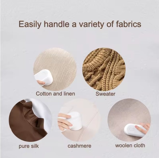 Product demonstrating its ability to handle various fabrics on a light gray background.