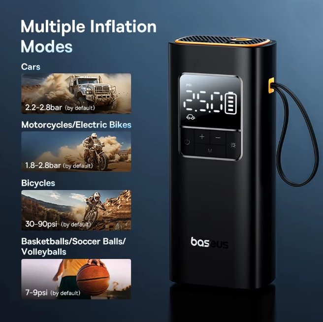 A black portable air pump with a digital display and carrying strap, shown next to text explaining multiple inflation modes for cars, motorcycles, bicycles, and balls. The brand name 'basaus' is visible on the pump.