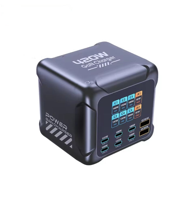 A compact black GaN charger power bank with a digital LED display showing battery status and multiple USB output ports, labeled '420W Gan Charger' and 'POWER BANK'.