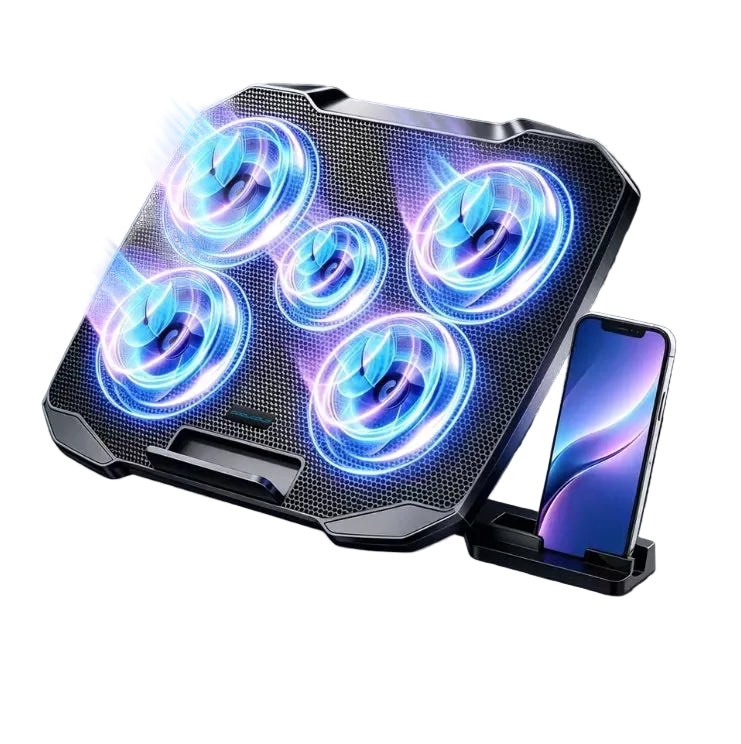 COOLCOLD F2PLUS Pro laptop cooling pad front studio perspective with five active fans and integrated smartphone holder