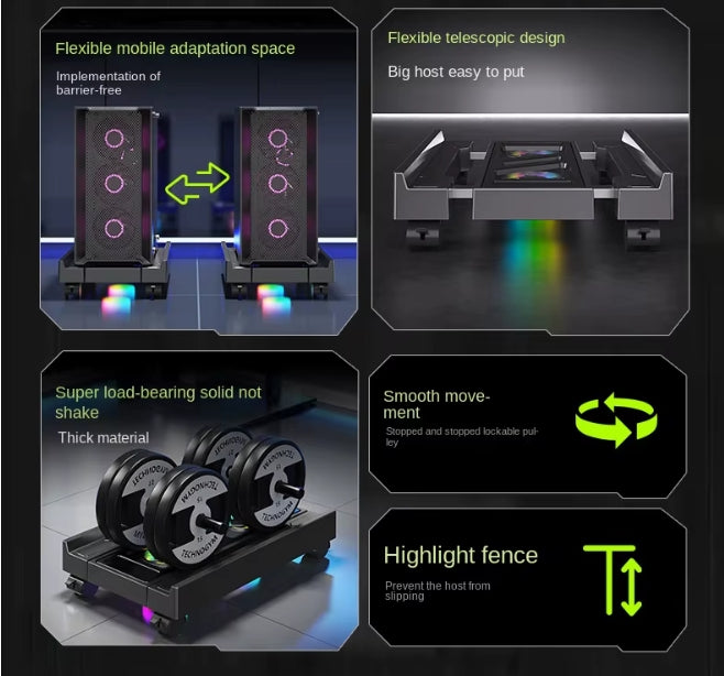 BEISHI adjustable CPU stand feature breakdown graphic highlighting expandable frame dimensions and wheel locks