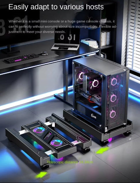 BEISHI gaming PC floor stand lifestyle application shot integrated into an advanced RGB desktop gaming station