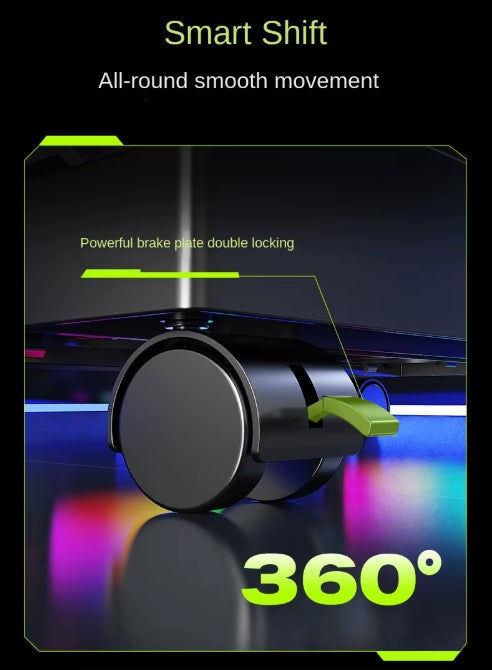 BEISHI mobile PC stand graphic demonstrating 360-degree smart shift smooth caster wheel movement