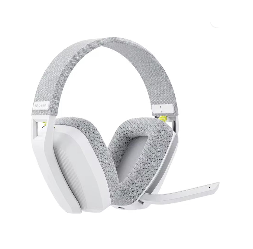 White and grey BINNUNE wireless gaming headset angled view showing ear cushion and mic