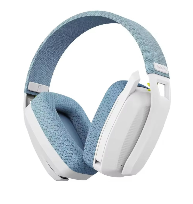 Blue and white variant of the wireless gaming headset angled view