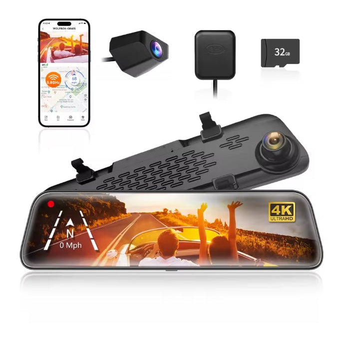 Wolfbox G840S mirror dash cam main unit and dual-camera system overview