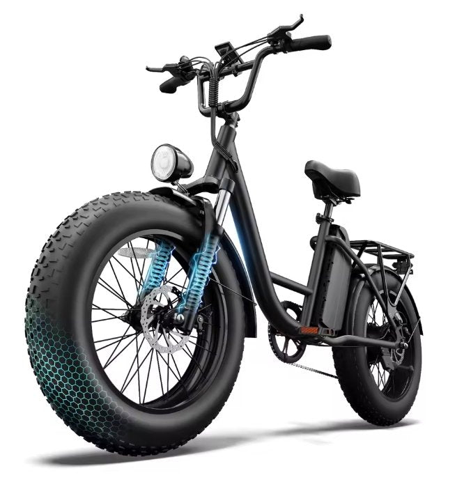 Black electric bike with large wheels on a white background