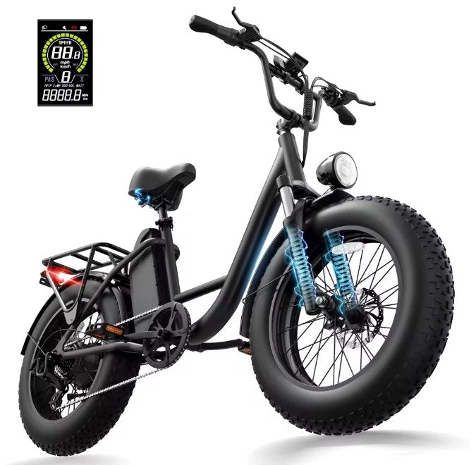 Black electric bike with large wheels on a white background with LCD Display insert 