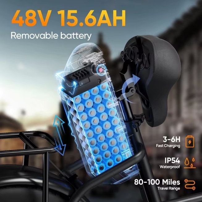 Bicycle battery pack with specifications on a blurred background