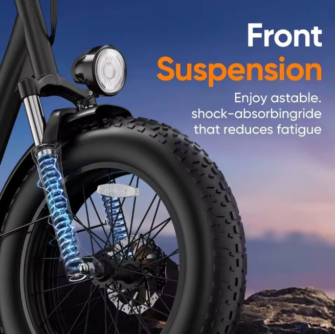 Electric Bike front suspension system with text on a scenic background