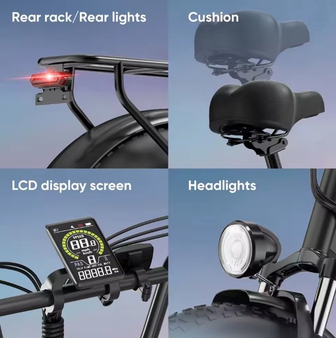 E-Bike components including rear rack, rear lights, cushion, LCD display screen, and headlights on a blue gradient background.