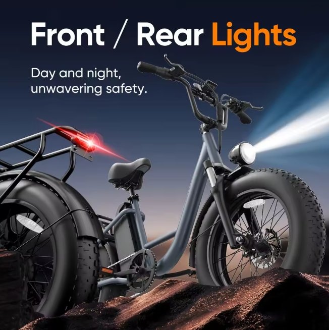 Electric Bicycle with front and rear lights on a rocky terrain, emphasizing safety.