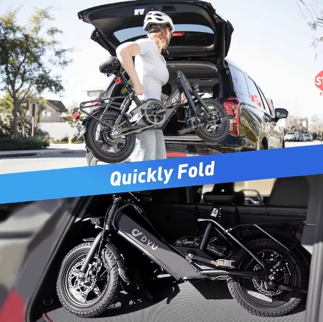Person loading a folded electric bike into a car trunk with 'Quickly Fold' text overlay.