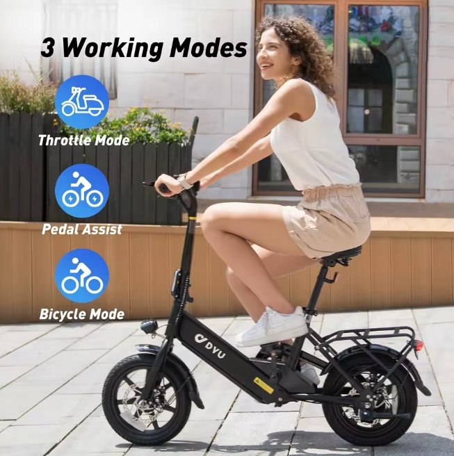 Woman riding a DYU electric scooter with text on working modes.