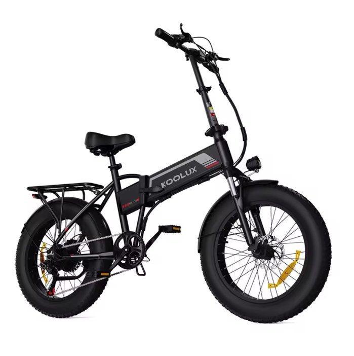 Black electric bike with Koolux branding on a white background.