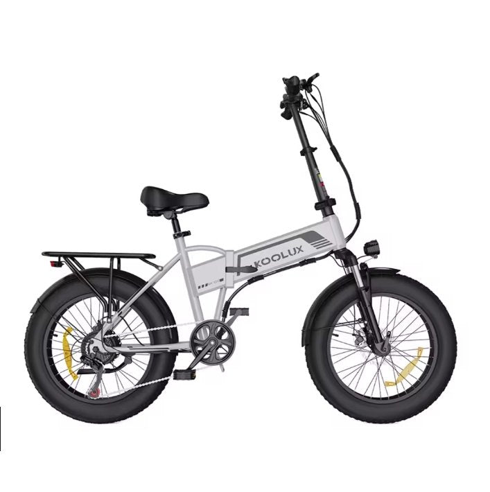 White electric bike with black wheels on a white background