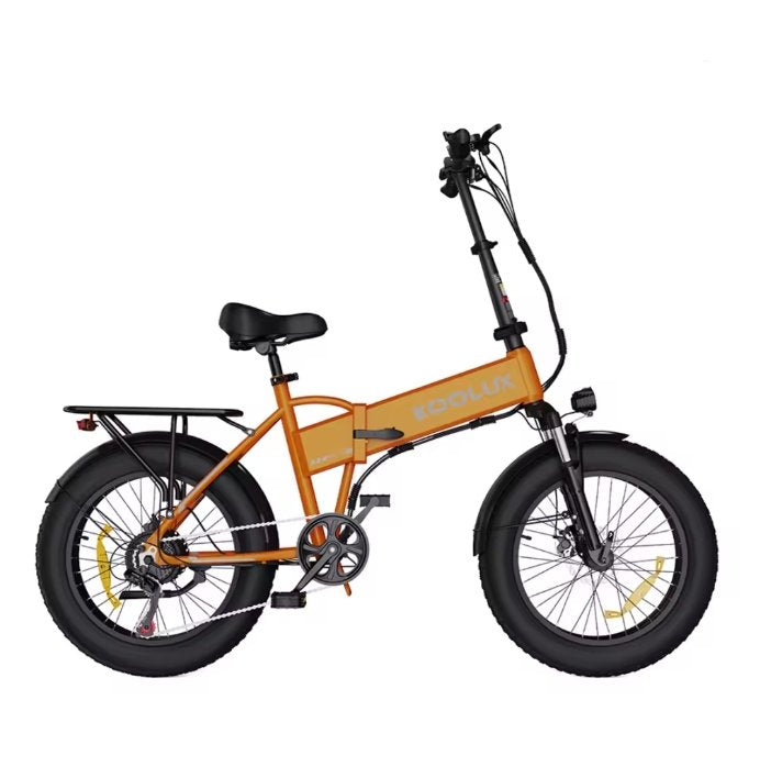 Orange electric bike with Koolux branding on a white background.