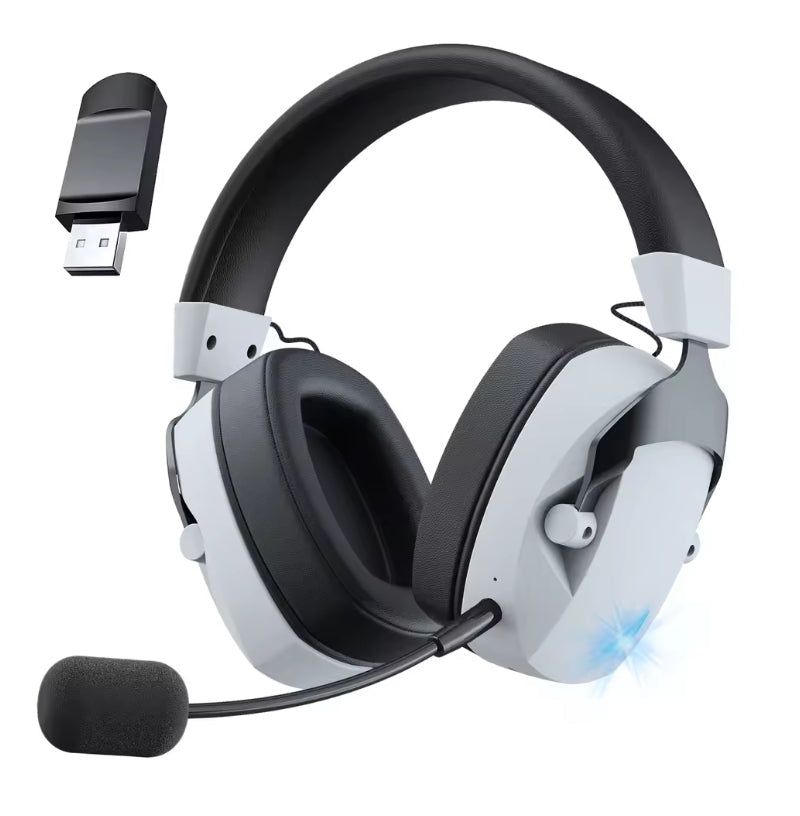 White and black variant of the wireless gaming headset displayed with its USB wireless dongle and microphone