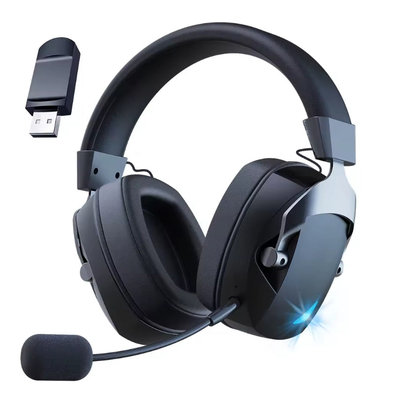 Dark grey and black variant of the wireless gaming headset displayed with its USB dongle and microphone