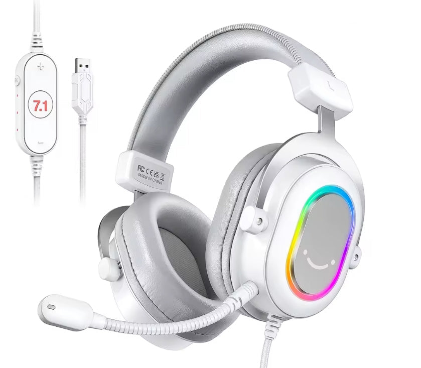 White FIFINE AmpliGame H6W RGB wired gaming headset main studio hero shot showing the in-line control panel and USB cable on white background