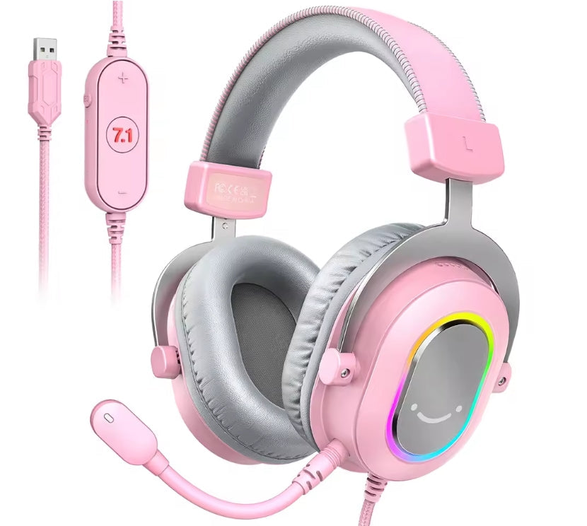 Pink and grey variant of the RGB gaming headset displayed with its in-line control and microphone