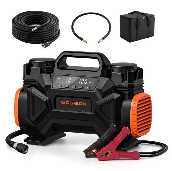 WOLFBOX HyperFlow60D portable dual-cylinder 12V air compressor kit with heavy-duty hose and accessories bag
